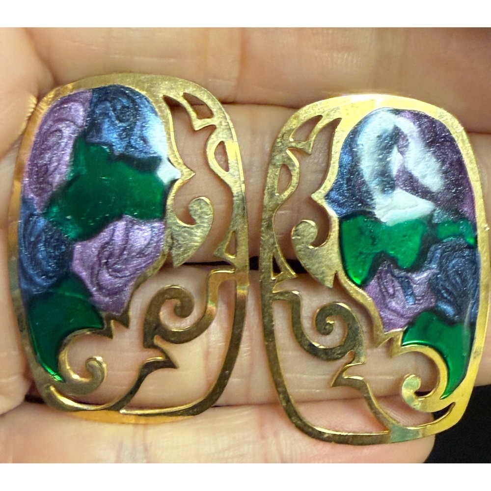 Vintage Gold Tone Enamel Scrollwork Statement Stud Earrings Green Purple Blue